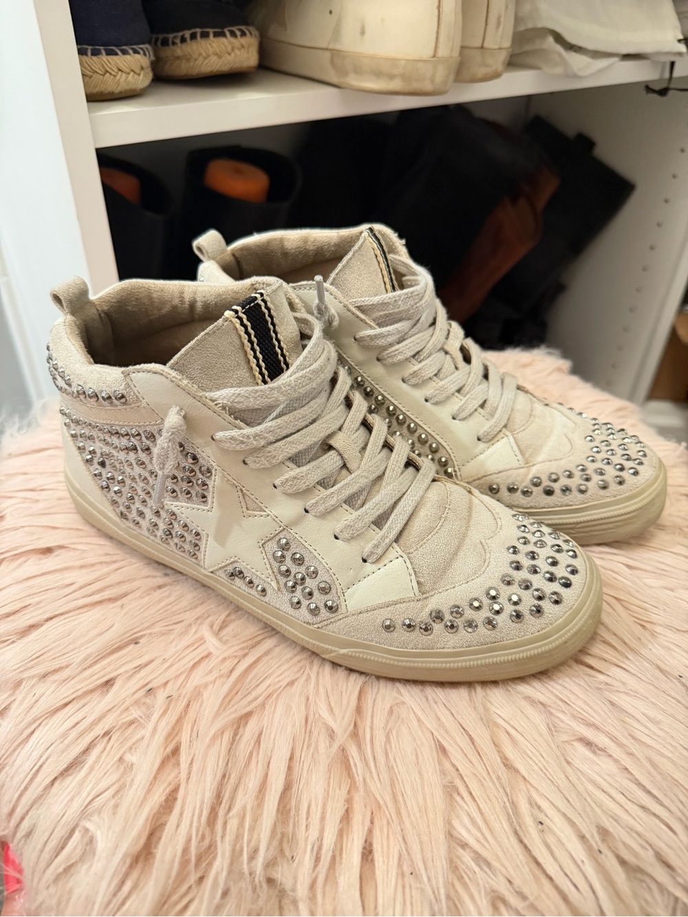 ShuShop Beige Studded High-Top Sneakers